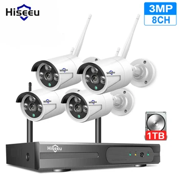 Hiseeu 3MP Ασύρματη WIFI Σύστημα CCTV 8CH NVR Kit H. 265+ 4Pcs Υπαίθρια Ήχου Κάμερα Ασφάλειας IP P2P Βίντεο κάμερες