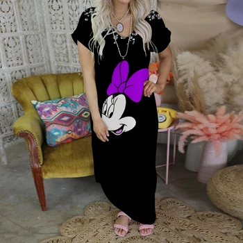 Maxi Σέξι Φόρεμα Κομψό Casual γυναικεία Φορέματα για τις Γυναίκες 2022 χωρισμένη Φούστα Εκτύπωσης Μίκυ V-Λαιμό Minnie Mouse Ρόμπα Disney Μόδας