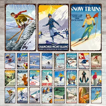 Σκι Ταξίδια Κασσίτερου Μετάλλων Σημάδια Les Alpes Σκι Προπαγάνδα Στη Νορβηγία Verbier Καλώδιο Ισλανδία Τοπίο Vintage Ντεκόρ Τοίχων Πλάκες Κασσίτερου