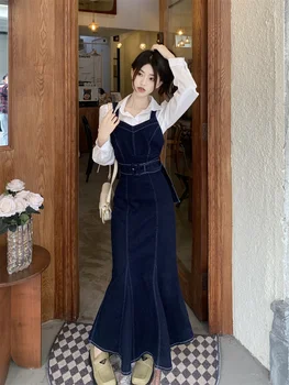 Τζιν Φόρεμα Των Γυναικών Άνοιξη Νέο Αμάνικο Με Ζώνη Τρομπέτα Δεξαμενή Φορέματα Midi Κορέας Μόδας Τζιν Φόρεμα S M L