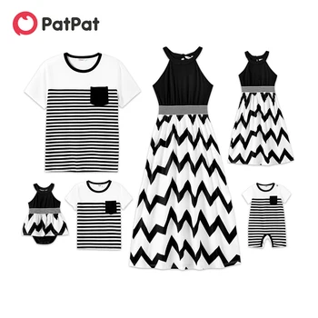 PatPat Οικογενειακών Ταιριάζοντας με Βαμβακερό κοντομάνικο T-shirts και Chevron Ριγέ Halter Συγκολλημένα Σύνολα Φορέματα