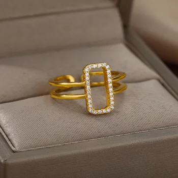 Απλό Ορθογώνιο Σχήμα Zircon Χρώμα Δαχτυλίδια Για Τις Γυναίκες Ανοξείδωτου Διευθετήσιμο Δαχτυλίδι Δάχτυλων Κοσμήματος Δώρων Bijoux Femme 2022