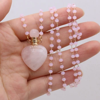 Φυσικό Ροζ Χαλαζία Πέτρα Μπουκάλι Αρώματος Κρυστάλλου Κρεμαστών Κοσμημάτων Χαντρών Αλυσίδων Καρδιά Σχήμα Κολιέ Για Τις Γυναίκες, Κοσμήματα Χαλαζία Κολιέ Με Αλυσίδα