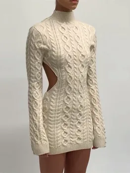 KLALIEN Στερεά μακρυμάνικο Ζιβάγκο Πουλόβερ Φορεμάτων Γυναικών 2023 Φθινόπωρο Ζεστό Streetwear Λεπτό Stretch Φόρεμα Bodycon Μίνι Φορέματα