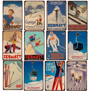 Σκι Μετάλλων Ταξιδιού Σημάδια Les Alpes Σκι Προπαγάνδα Στη Νορβηγία Verbier Καλώδιο Ισλανδία Τοπίο Vintage Ντεκόρ Τοίχων Πλάκες Κασσίτερου