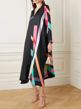 Yeezzi Κομψή Επιλογή Χρώματος Αντίθεσης Ριγέ Κομψό Φόρεμα Κόμμα Την Άνοιξη Μακρύ Μανίκι V-Λαιμό Βραδιού Του Midi Φορέματα Για Τις Γυναίκες