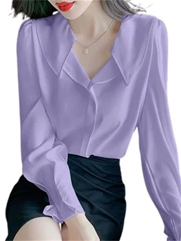 Χαλαρά οι Γυναίκες Άνοιξη, Καλοκαίρι Στυλ Πουκάμισα Μπλούζες γυναικείας Μόδας Φανάρι Μακρύ Μανίκι Στροφή-κάτω από το Στερεό Χρώμα Μπλούζα Κορυφές WY0263