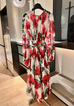 Το 2023 νέα γαρύφαλλο φόρεμα πλήρης εκτύπωση μετάξι φόρεμα