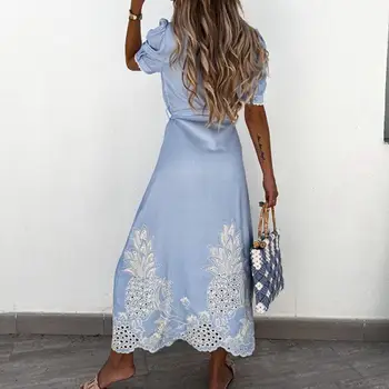 Κομψό Maxi Φόρεμα Μεγάλες Στρίφωμα Καλοκαίρι Κοντό Μανίκι μονόπετο Κοίλο Έξω το Πουκάμισο Φόρεμα Μόδας Φόρεμα Γυναικών για το Γραφείο