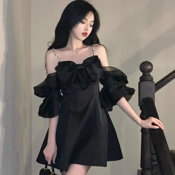 Deeptown Κορέας Στυλ Μαύρο Φόρεμα Των Γυναικών Fairycore Μίνι Φορέματα Πριγκίπισσα Y2k Από Τον Ώμο Κοντό Μανίκι Vaginalis Vestidos