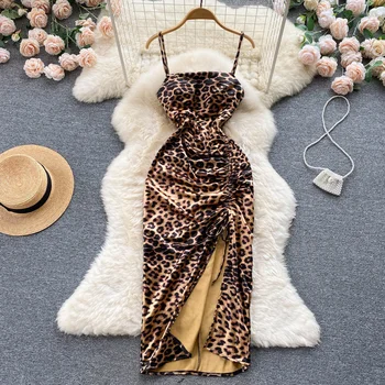 Προκλητικό leopard print Από τον Ώμο split Φόρεμα Κομψή, Σέξι, Vintage κόμμα το βράδυ Φόρεμα λεσχών των Γυναικών μαύρο Λεπτό Μολύβι Vestidos