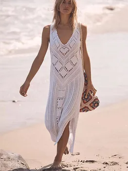 Σέξι Αμάνικο Μπικίνι Κάλυψη-ups Λευκό Φόρεμα Γυναικών Βελονάκι Vaginalis Πλεκτό Καλοκαιρινό Φόρεμα Παραλία με Μαγιό Κάλυψη Ups Maxi Φόρεμα