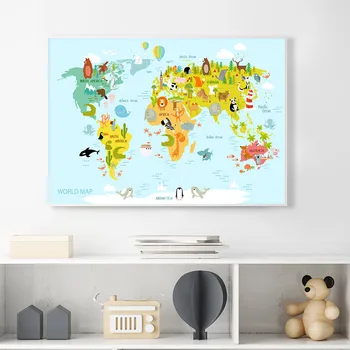 Γελοιογραφία Ζώο Ωκεανό Παγκόσμιο Χάρτη Παιδί Αφίσα Νηπιαγωγείο Καμβά Εκτύπωσης Μωρό Διαφωτισμού Τέχνη Τοίχων Εικόνα Το Παιδί Υπνοδωμάτιο Διακόσμηση