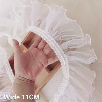 11CM Ευρύ Πολυτελή Λευκή Οργάντζα Glitter διακοσμημένο με Χάντρες 3d Ύφασμα Δαντελλών Γαμήλιων Φορεμάτων με το Ράψιμο Ruffle Περιποίησης Fringe Κορδέλα DIY Ραπτικής Διακόσμηση