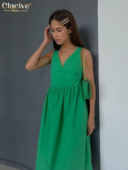 Clacive Καλοκαίρι V-Λαιμό Πράσινο Φόρεμα των Γυναικών 2022 Casual Χαλαρό Αμάνικο Γραφείο Midi Φορέματα Κομψό Κλασικό Ruched Θηλυκό Φόρεμα