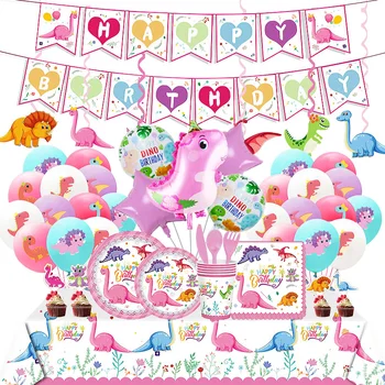 Ροζ Δεινόσαυρος Party Decor Dino Μίας Χρήσης Επιτραπέζιο Σκεύος Πιάτα, Κύπελλα Χαρτοπετσέτες Τούρτα Topper Κορίτσια Πάρτι Γενεθλίων Διακοσμήσεις Ντους Μωρών