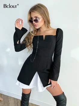 Bclout Κομψό Μαύρο Φόρεμα Των Γυναικών 2023 Άνοιξη Puff Μανίκι Υψηλή Μέση Σέξι Μίνι Φορέματα Της Μόδας Προσθηκών Σχισμή Φόρεμα Κόμματος Γυναικείων