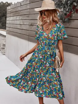 Msfilia Άνοιξη Κοντό Μανίκι Floral Φόρεμα Των Γυναικών Υψηλή Μέση Σέξι V Λαιμό Εκτύπωσης Καλοκαίρι Φόρεμα