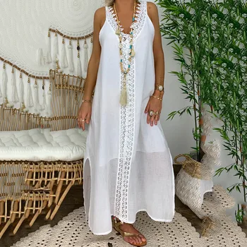 Το 2023 Νέα Καλοκαιρινή Γυναίκες Χαλαρά Αμάνικο Δαντέλα Συναρμογών Σχεδιαστή Φόρεμα Περιστασιακή Κομψό Άσπρο Φορέματα Για Τις Γυναίκες Ρόμπα Femmes