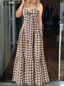 Celmia Σέξι Μακαρόνια Ιμάντες Γυναίκες Καρό Φόρεμα Επίδεσμο Κόμπους Πλισέ Αμάνικο Χιτώνα Longue Μποέμ Διακοπές Maxi Φόρεμα