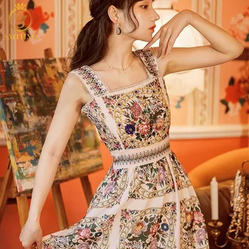 Νέα Μόδα Διάδρομο Πολυτελή Beading Vintage Φόρεμα Του Καλοκαιριού Γυναίκα Πλατεία Κολάρο, Το Λουρί Μακαρονιών Αμάνικο Φόρεμα Κόμματος Γυναικείων Ενδυμάτων