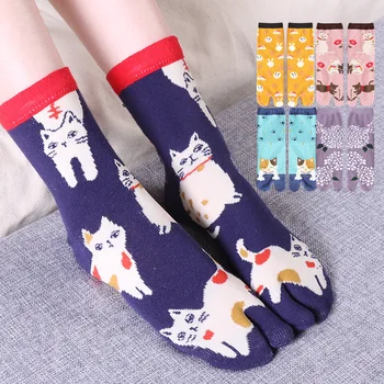 Ιαπωνικά Tabi Κάλτσες Δύο Toe Των Γυναικών Χαριτωμένο Χαριτωμένο Πολύχρωμο Μοτίβο Γάτα Αποσμητικό Αναπνεύσιμες Κάλτσες Βαμβακιού Με Τα Χωριστά Toe Δώρο