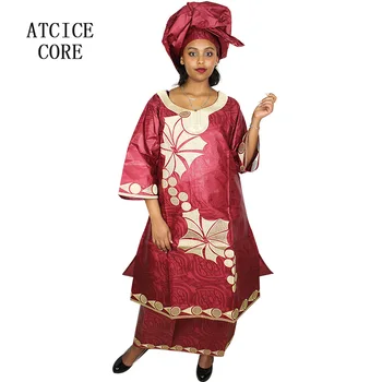 Αφρικανική Φορέματα Για τις Γυναίκες Bazin Riche Σχέδιο Κεντητικής Μακρύ Φόρεμα Με τον Ράπερ Κασκόλ SP18