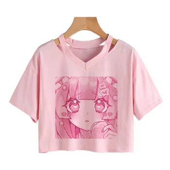 Γυναικών Μόδα Χαριτωμένο ρούχα χαριτωμένο Print Tee Punk Κοντό μανίκι T-Shirt Casual Χαλαρό Ροζ Anime Γραφικά V-neck Top Περικοπή streetwear