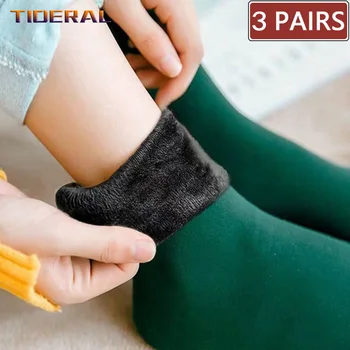 3 Ζεύγη/lot Γυναικών Χειμερινές Θερμές Κάλτσες Πυκνώσει Θερμική Νάυλον Στερεό Χρώμα Κάλτσες Μαλακό Χιόνι Βελούδου Μπότες Πάτωμα Ύπνο Μαύρη Κάλτσα