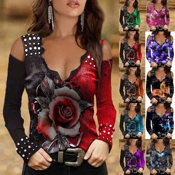 10 Χρώματα S-5XL οι Γυναίκες Κλίση Αυξήθηκε Λουλούδι Πεταλούδα Εκτύπωσης T-shirts Προκλητικά Από Το Ώμων Μακρύ Μανίκι Δαντελλών Συνονθύλευμα Τεε Κορυφές