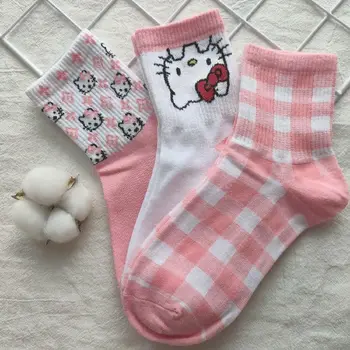 Γυναικεία mid-σωλήνας hello kitty cat κάλτσες καρό ροζ κορεατική έκδοση all-αγώνα χαριτωμένο κάλτσες y2k Κινούμενων σχεδίων βαμβακιού κάλτσες Κάθε pack3 ζεύγη