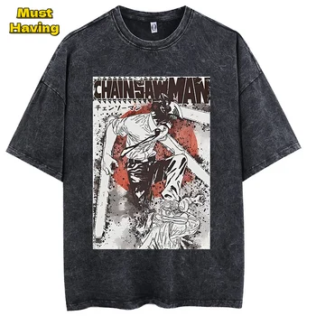 Anime Αλυσοπρίονο Άνθρωπος T-shirt για τους Άνδρες Ρετρό Πλυμένο Βαμβάκι Tees Κορυφές Casual Μεγάλου μεγέθους Tshirt Harajuku Hip Hop Streetwear Ρούχα