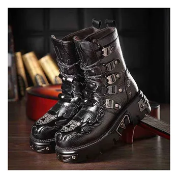 Το 2023 Gothic Punk ανδρικές Δερμάτινες Μπότες Μοτοσικλέτας Μπότες Πλατφόρμα από Καουτσούκ Μπότες Μαύρο Θερμή Μέση της Γάμπας Στρατιωτικές Μπότες Μάχης Fashion47