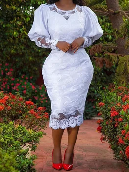 Κομψό Γυναίκες Λευκό Φόρεμα Δαντελλών Μανικιών Ριπών Κεντητικής Μολύβι Φόρεμα Μεγάλο Μέγεθος 4XL Γυναικείου Γάμου Δείπνο Γενεθλίων Βραδινά Ρούχα