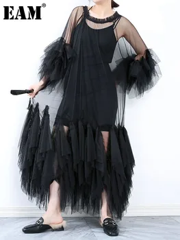 [ΕΑΜ] οι Γυναίκες Μαύρο Βολάν Πολύ Μεγάλο Μέγεθος Φόρεμα Νέα γύρω από το Λαιμό το Τριών τετάρτων Μανίκι Χαλαρά Ταιριάζει Μόδας Άνοιξη Καλοκαίρι 2023 JR77101