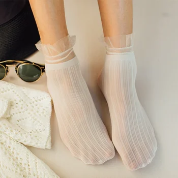 Βελούδο Γυναίκα Κάλτσες Ultra-thin Διαφανής Κροσσώδης Δαντέλα Σούφρα Κάλτσες Γυναικών Μόδας το Καλοκαίρι Japane Στυλ Harajuku Ρετρό Μακριές Κάλτσες