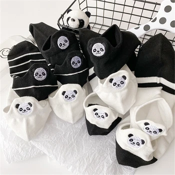 Αστεία Χαριτωμένο Κέντημα Panda Κάλτσες Γυναικών Harajuku Divertidos Kawaii Λευκό Μαύρο Ριγέ Κοντές Αστραγάλων Sokken