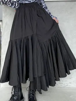 OCEANLOVE Ύφους της Ιαπωνίας Ακανόνιστο Φούστες των Γυναικών Μαύρη Εκλεκτής ποιότητας Στερεό Υψηλή Μέση Πλισέ Faldas Φθινόπωρο Ins Μόδας Y2k Μακριά Φούστα