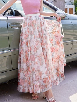 TIGENA 93cm Τούλι Maxi Φούστα Γυναικών 2023 Άνοιξη Καλοκαίρι Διακοπές Αισθητική Floral Εκτύπωσης Ματιών από Μια Γραμμή Υψηλής Μέσης Μακριά Φούστα Θηλυκό