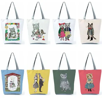 Ιαπωνικό Στυλ Εικονογράφηση Γάτα Γυναίκες Τσάντες Εκτύπωσης Κυρία Totes Μεγάλη Ικανότητα Τσάντα Ώμου Εξωτερική Σακούλα Ταξιδιού Αγορών Eco, Τσάντα