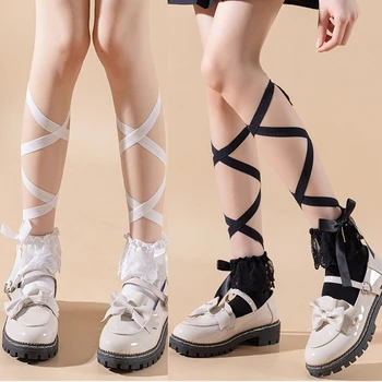 Lolita Cross Επίδεσμο Κάλτσες Πληρώματος Ιαπωνικά Anime Γυναίκες Κορδέλα Λουράκι Στον Αστράγαλο Κάλτσες Δαντέλα-Up Κορδέλα Αναστατωμένα Περιποίησης Bowknot Βαμβάκι Κάλτσες