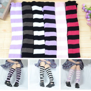 Ιαπωνικό Γλυκό Lolita Κορίτσι Ριγωτό Μαγκάλι Ποδιών Πλέκει Κάλτσες Μπάλα Μαλλί Πλεκτό Πόδι Κάλυψη Cosplay Γυναίκες Φθινόπωρο Χειμώνας Σωρού Heap Κάλτσα