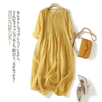 Limiguyue Κίτρινο Πλισέ Ραμί Βαμβάκι Φόρεμα Καλοκαίρι Ο Λαιμός Μισό Μανίκι Χαλαρά Μακριά Φορέματα Αναπνεύσιμος Casual Ρούχα Ιαπωνική U159