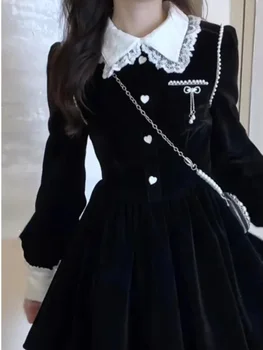 QWEEK Εκλεκτής ποιότητας Χαριτωμένο Μαύρο Φόρεμα των Γυναικών Ρετρό Κομψό Περιτύλιγμα Δαντέλα Παλιά Χρήματα Parchwork κοντά Φορέματα Κόμματος Βραδιού 2023 Μόδας
