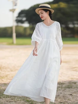 Φόρεμα για τις Γυναίκες 2023 Νέα Καλοκαιρινή Στερεό Χρώμα Φανάρι Μανίκι Δαντέλα-up Vintage Φόρεμα Χαλαρά V-Λαιμό Ρόμπα κορέας Μόδας Streetwear