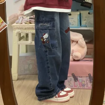 Sanrio Hello Kitty Y2k Τζιν Ρούχα Γυναίκες Τζιν Μόδας Ευρεία Πόδι Παντελόνι Streetwear Vintage Παντελόνια Γυναικεία Anime Ευθεία Τζιν