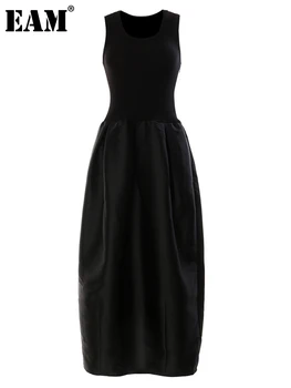 [ΕΑΜ] οι Γυναίκες Μαύρο Υψηλό Ελαστικό Πλέξιμο Μακρύ Φόρεμα Νέα γύρω από το Λαιμό Αμάνικο Loose Fit Μόδας Παλίρροια Άνοιξη Καλοκαίρι 2023 17A8157