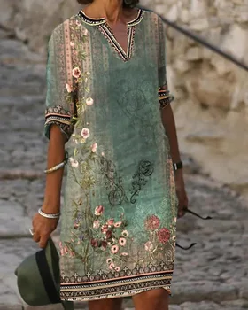 Το 2023 το Φθινόπωρο Γυναικών Κοντό Φόρεμα Τυπωμένων υλών V-λαιμό Κοντό Μανίκι A-line Χαλαρό Casual Φορέματα Γυναικεία Νέο Κομψό Κυρίες Μόδας Ρούχα