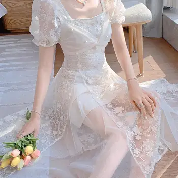 Το 2023 NewSummer Άνοιξη Φόρεμα Μανικιών Ριπών Γυναικών γαλλικά Vintage Γλυκό Χαριτωμένο Φορέματα Διακοπών Casual Νεράιδα Κορέα Y2K Midi Φόρεμα