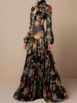 Δημοφιλή Εκλεκτής Ποιότητας Floral Πεταλούδα Εκτύπωσης Μακρύ Φόρεμα Lady Υψηλής Λαιμό Κοίλο Φούσκα Μανίκι Φόρεμα Των Γυναικών Leopard Μόδας Φορέματα Κόμματος